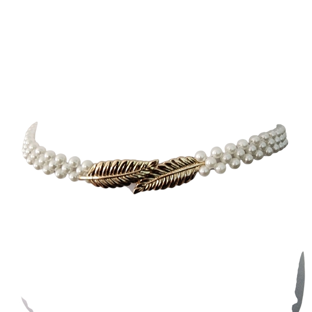 Y2K pearl belt gold leaf buckle white pearl beads vintage elastic expandable - Picture 9 of 14